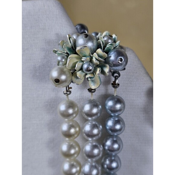 Vintage Japan Faux Pearl 3-Strand Necklace & Clip-On Earrings Set Floral Cluster - Picture 6 of 16